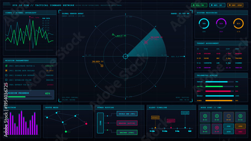 A futuristic tactical command network interface featuring a central