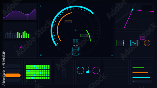A futuristic digital car dashboard interface featuring a central