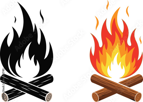 A graphic illustration depicts two contrasting representations of a campfire one in stark black silhouette and the other in vibrant warm colors