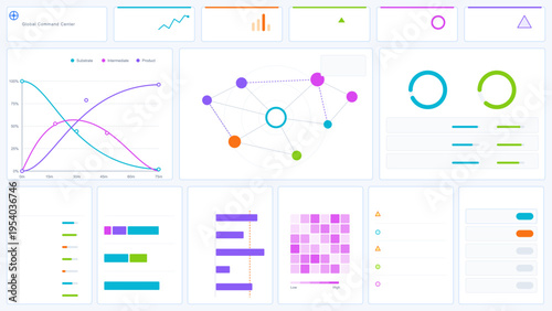 A modern vector dashboard interface featuring various data
