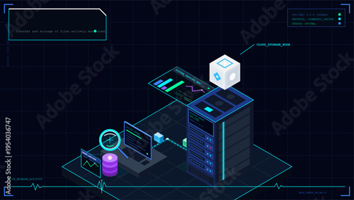 Isometric vector illustration of a digital data center monitoring