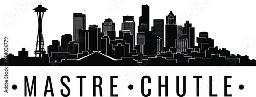 a striking black and white silhouette depicts the seattle skyline featuring the space needle and surrounding buildings with text below