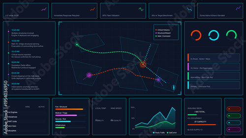 A dark emergency response dashboard interface featuring a central