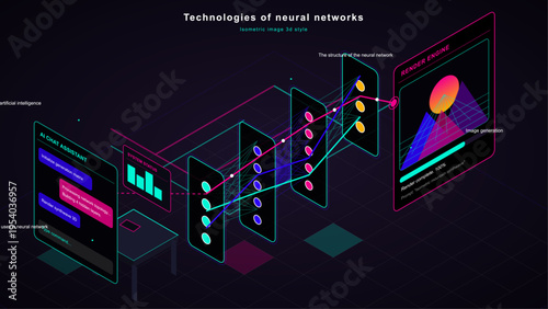 An isometric 3D illustration depicting the process of neural network