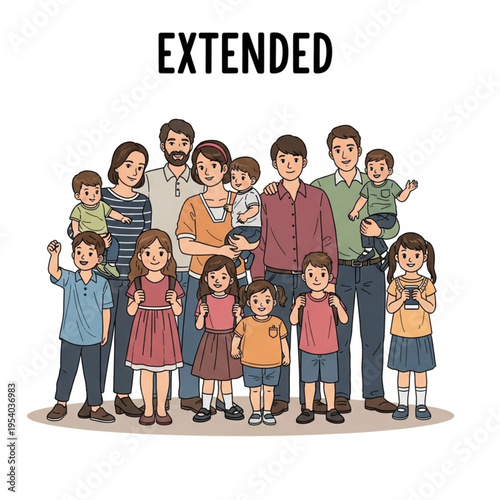 Large Cartoon Family Group Illustration.