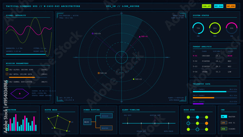 Detailed futuristic tactical command HUD with a central radar, signal
