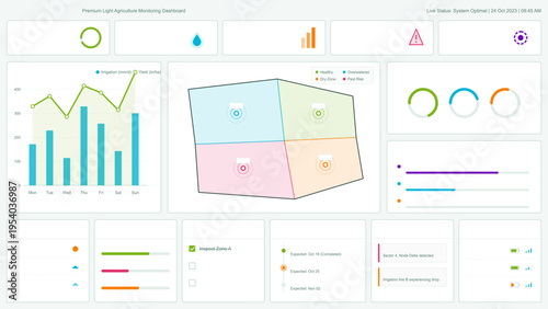 A clean, modern agriculture monitoring dashboard interface featuring