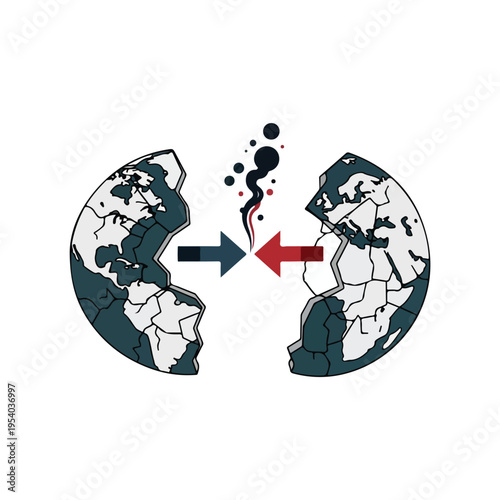 Illustration of a globe divided into two halves with opposing arrows and stop war message in a bold graphic design with a clean white background