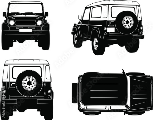 A detailed monochrome blueprint style illustration showcasing a classic off road vehicle from multiple perspectives including front side top and rear views