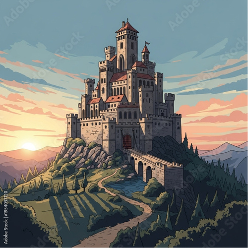 Medieval Castle with Towers and Fortifications.