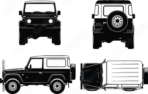 Detailed black and white blueprint style illustration showcases a jeep vehicle from four distinct perspectives including front side rear and top views