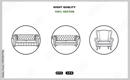 High-quality vector illustrations of classic upholstered furniture designs