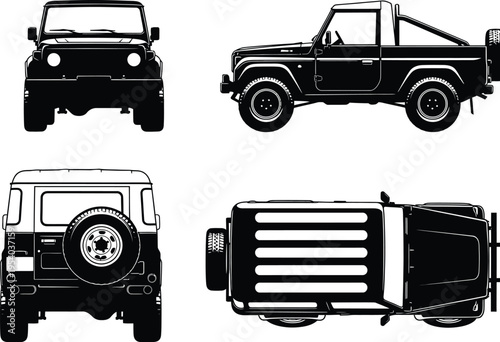 A detailed blueprint style illustration showcases a classic jeep vehicle from multiple perspectives including front side top and rear views