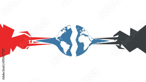 A symbolic illustration of two fists pulling the world apart, representing conflict and war