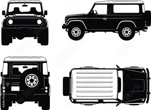 Detailed black and white technical illustration showcasing a classic off road vehicle from various perspectives including front side rear and top views