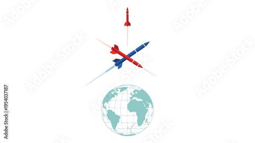 A symbolic illustration of airplanes crossing over a globe with a red missile, conveying a call to stop war in a bold and thought-provoking style
