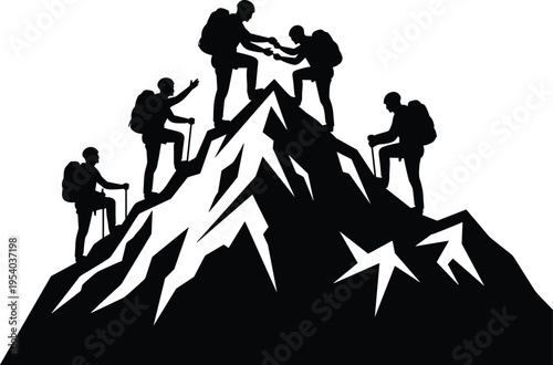 Mountain climbers silhouettes helping each other to reach summit, teamwork and support concept, hiking adventure group, success achievement illustration isolated on white background