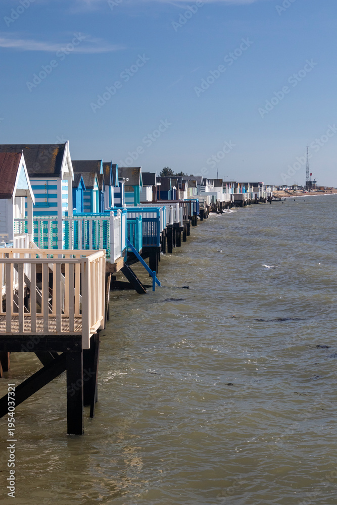Fototapeta premium Beach huts at Thorpe Bay, near Southend-on-Sea, Essex, England, United Kingdom