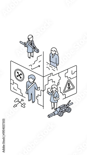 Illustration of people trying to stop war with a puzzle piece strategy on a white background with a hopeful mood