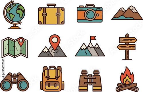 colorful travel icons depict a world globe luggage camera mountains and various navigational elements representing adventure and exploration high quality professional
