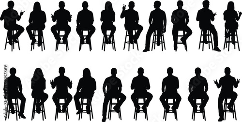 People sitting on stools silhouettes in various poses, interview or discussion panel concept, human gestures collection, black isolated figures on white background illustration