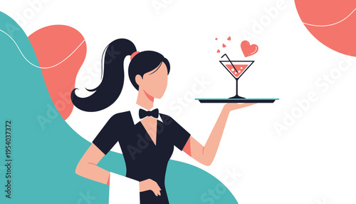 A female waiter holding a cocktail with a heart on a tray