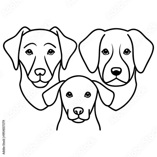 Two cute brown puppies and a happy cartoon dog pose together in this funny vector illustration of canine friendship and love within a studio setting