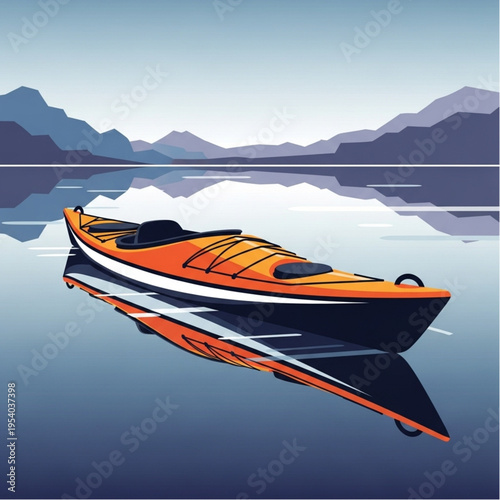 Speedboat on calm water with reflection.