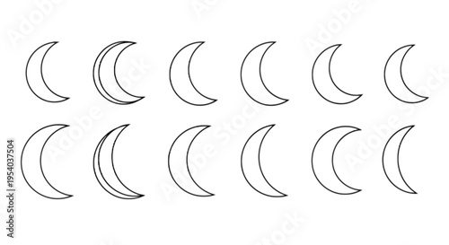 Crescent moon phases in different orientations isolated on transparent background, Vector