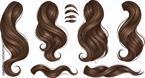 Brown hair strands vector set with realistic curly and wavy shapes glossy texture design elements for beauty and fashion illustration