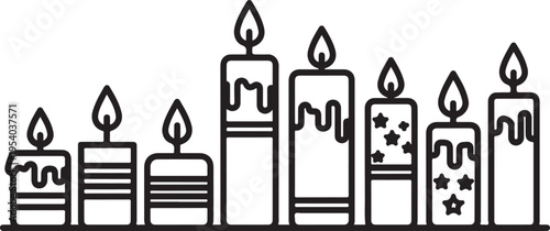 A collection of various candles with unique designs and patterns on their bodies Vector