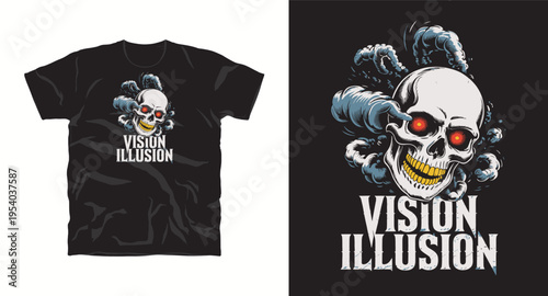 Vision illusion skull vector design for t-shirt with smoke and red glowing eyes