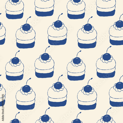 Simple pattern of cupcakes with cherry on top. Blue and white design on light beige background. Clean, sweet, minimalist style for desserts or bakery themes. Perfect for packaging, menus