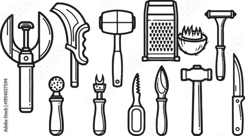 A collection of various kitchen utensils and tools for cooking and food preparation Vector