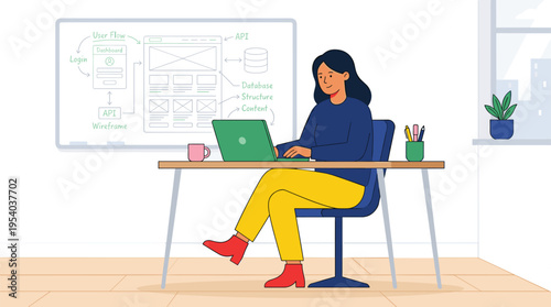 Female software engineer designing website user flow and database architecture on whiteboard while working on laptop vector