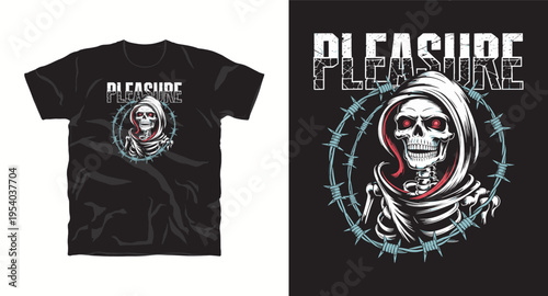 Grim reaper skeleton with barbed wire circle and pleasure text