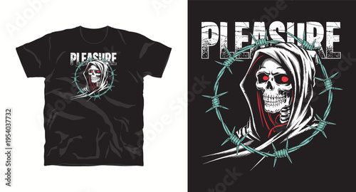 Pleasure text with grim reaper skull wearing hood inside barbed wire circle for dark aesthetic clothing print
