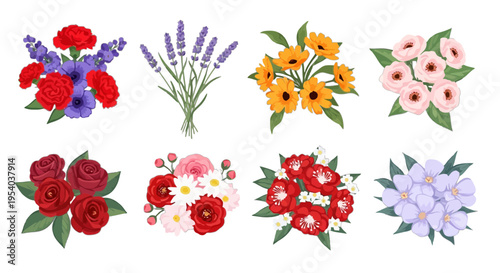 A collection of eight different flower bouquets isolated on transparent background, Vector