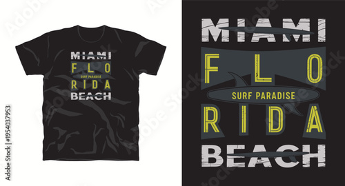 Miami Florida surf paradise beach t-shirt design, vintage style with surfboards for ocean apparel