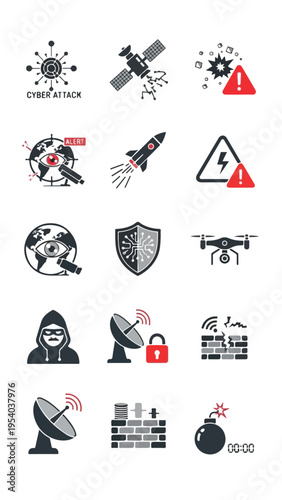 A collection of cyber attack icons featuring a satellite, warning signs, and various hacking symbols on a clean white background