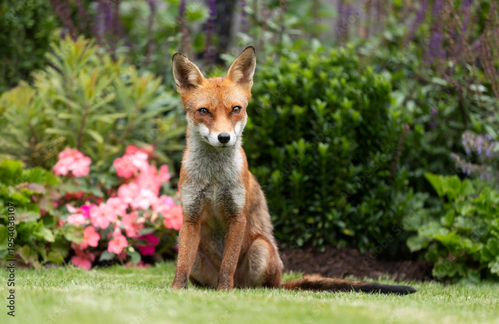 Naklejka premium Wild young red fox sitting on green grass in a garden surrounded by vibrant flowers