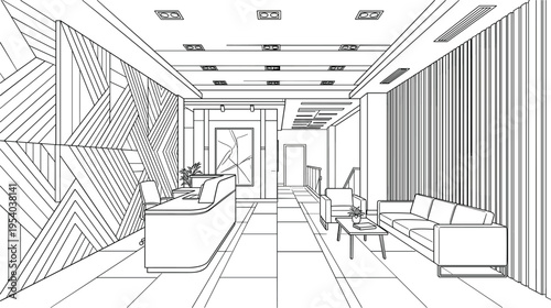 Modern corporate office reception area perspective line drawing vector with reception desk waiting lounge sofa and decorative walls