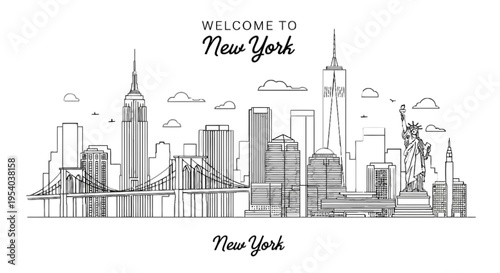 New york city skyline with statue of liberty isolated on transparent background, Vector