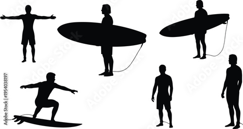 Silhouette collection of surfers with surfboards in different poses, surfing lifestyle concept, beach sport activity, black isolated figures set on white background illustration