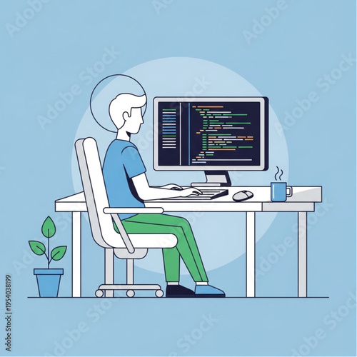 Man Sitting at Desk Working on Computer.