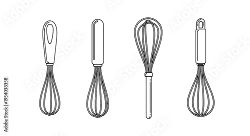 Four different types of wire whisks for cooking isolated on transparent background, Vector
