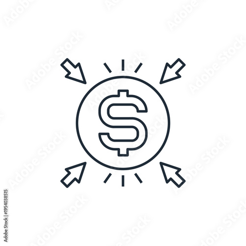 A dollar sign surrounded by arrows pointing inwards. Earnings, profit. Vector linear icon, illustration isolated on a white background.