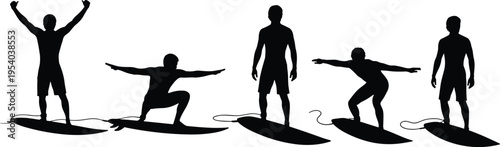 Surfer silhouettes riding waves in different poses, surfing action collection, beach sport lifestyle concept, black isolated figures on white background illustration
