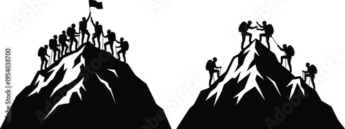 Team of climbers reaching mountain peak silhouettes, teamwork and success concept, hiking adventure group, leadership achievement illustration, black isolated figures on white background