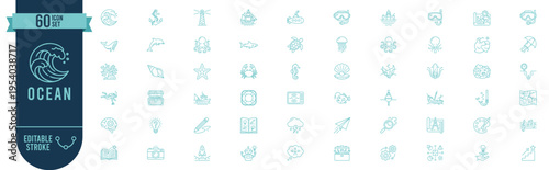 60 Ocean Icons Set with Editable Stroke, Sea, Marine Life, Beach, Underwater, Water Sports